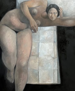 allongée au tissus plié, 120x100cm huile sur toile, 3500€