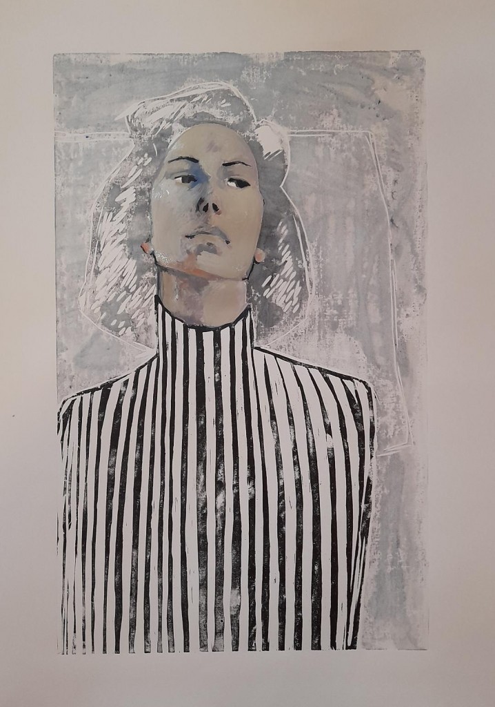 portrait aux rayures I, gravure et gouache, 57x37cm 680€